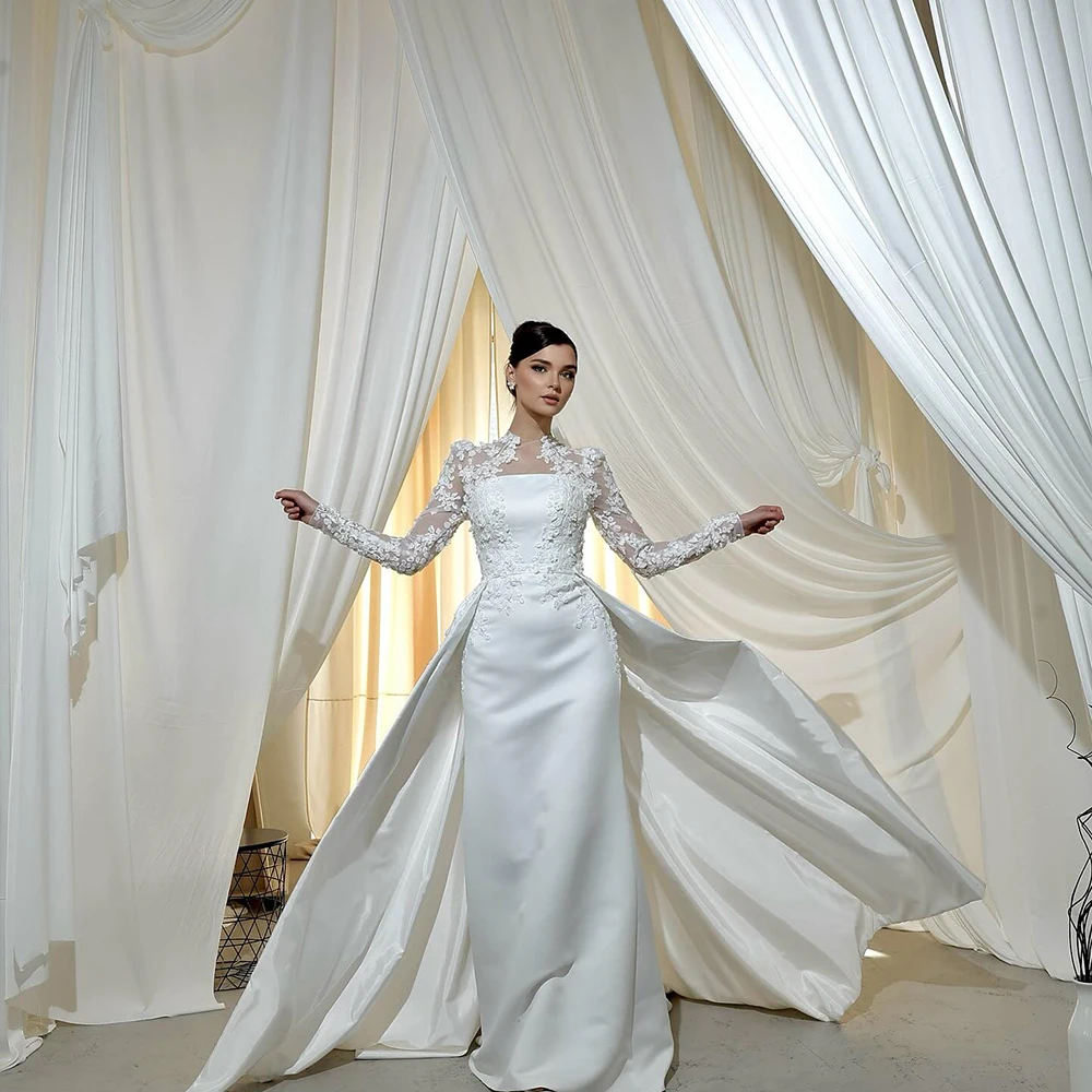 

Fashion Muslim Wedding Dresses O-Neck Long Sleeve Bride Dress with Appliques Detachable Train Mermaid Bridal Gown Customized