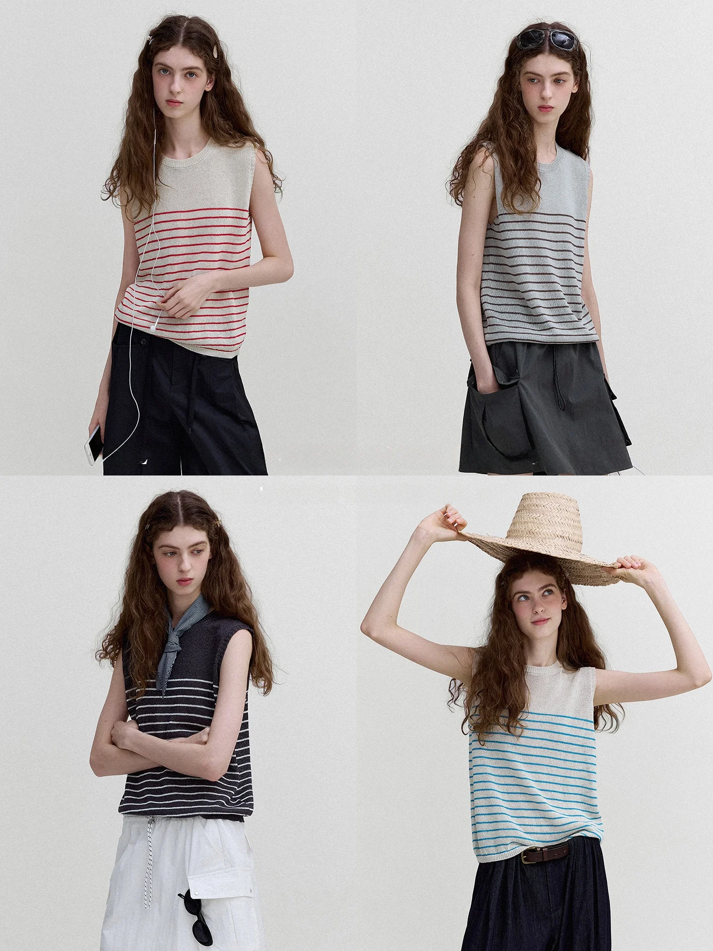 LetM Nordic Summer Vintage Paper Silk Cotton Blend Striped Color Block round Neck Sleeveless Vest Women's Casual Wear