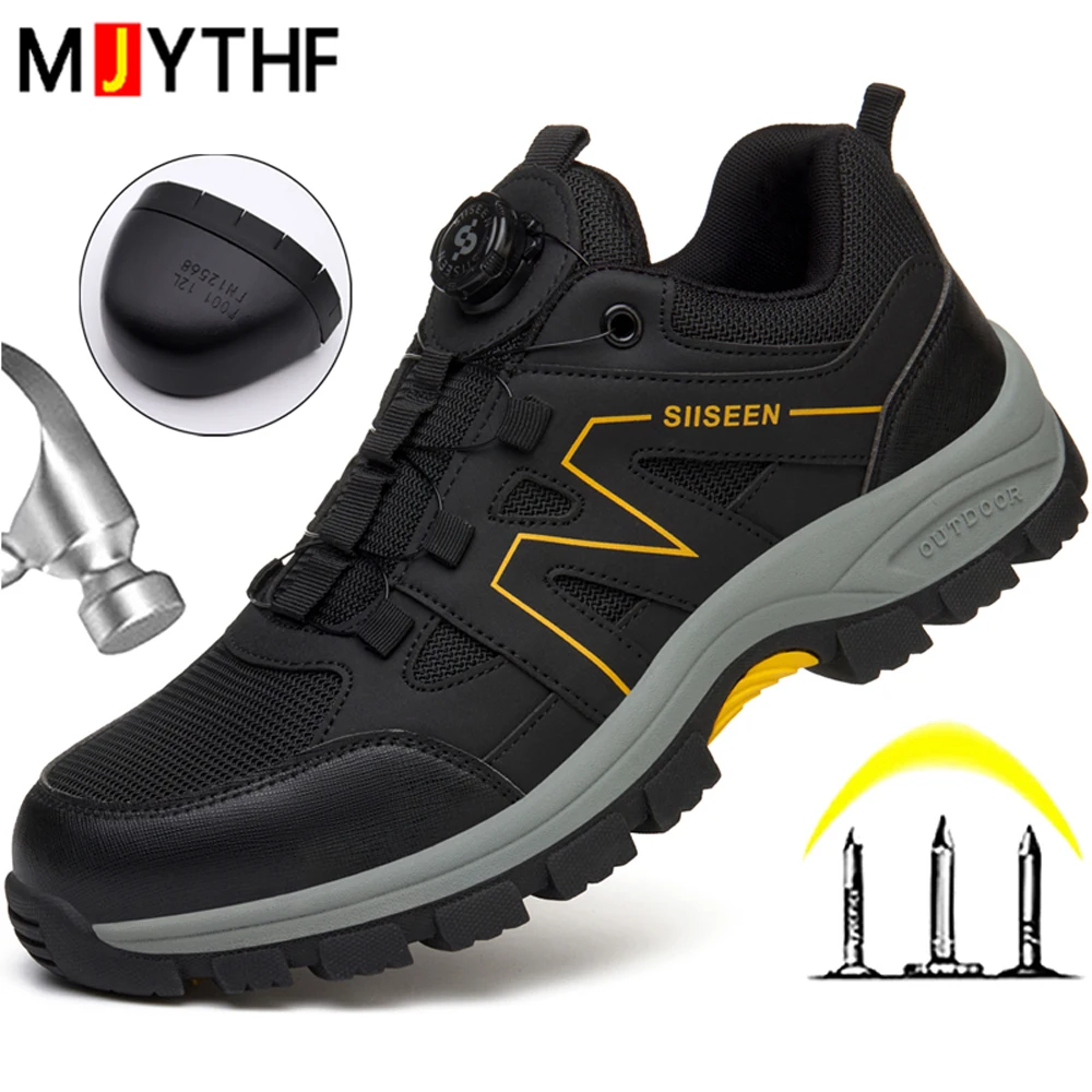 Safety Shoes Men Outdoor Hiking Shoes Puncture-Proof Work Shoes Rotating Button Protection Shoes Security Boots Steel Toe Shoes