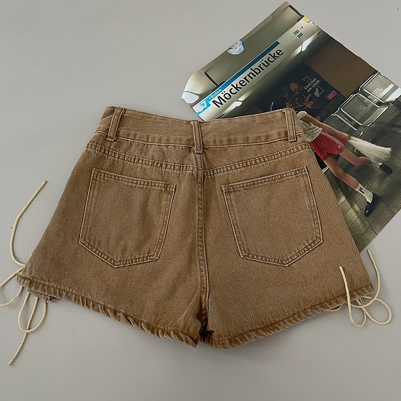 ハイウエストレースアップデニムショートパンツ レディース 韓国風 シック ダメージ加工 カジュアル ショートパンツ 夏 ヴィンテージ スパイシーガール ホットパンツ