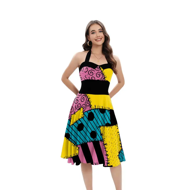 Halloween Sally Kostüm für Damen, Neckholder-Kleid mit Rückenband, A-Linien-Schwingkleid, Patch-Print, Retro-Kleid, Ausgefallene Karnevalsparty-Outfits – Detail 6