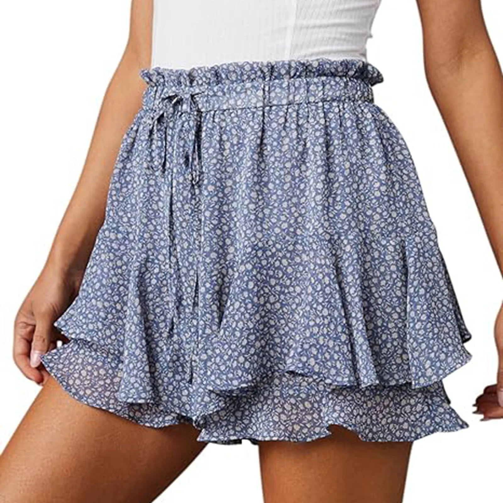 

Vintage Floral Print Chiffon Shorts High Waisted Drawstring Ruffles Culottes Comfortable Breathable Loose Casual Shorts Women