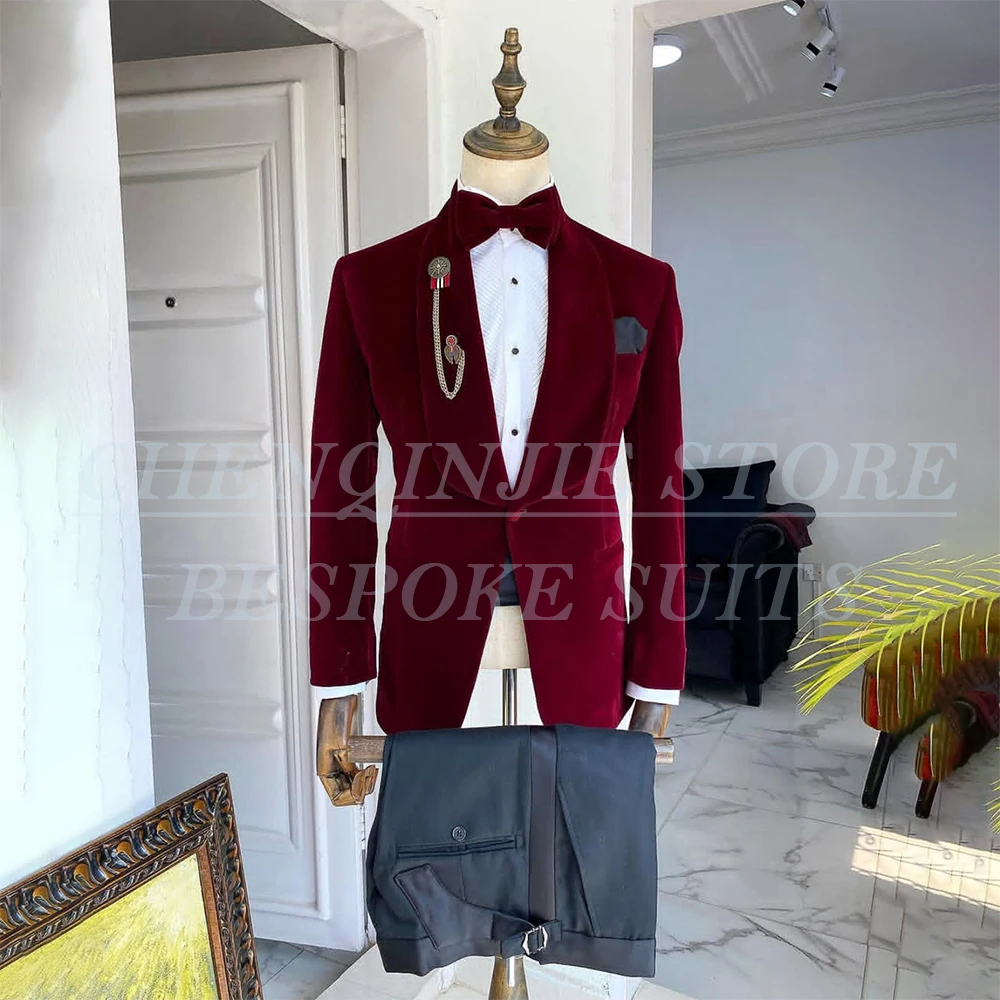 Luxury One-Button Men's Suits Formal Velvet Blazer With Black Pants 2 Piece Eegant Wedding Male Clothing Costume Homme