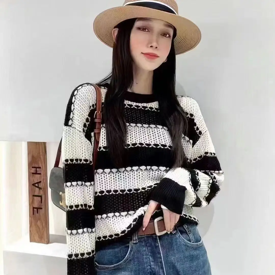 Fashionable Lazy Style Loose Contrasting Colors Striped Pullovers O-Neck Korean Knitting Autumn Winter Thick Women's Clothing