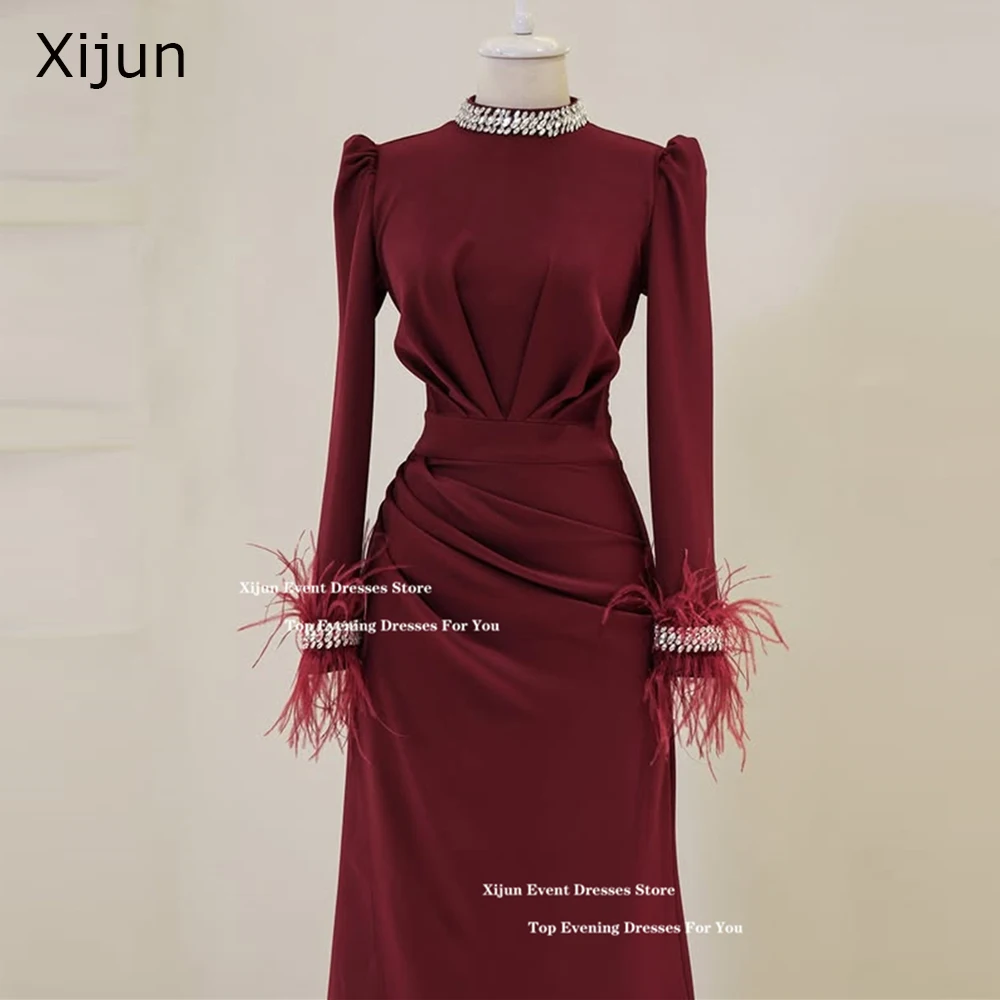 Xijun Modest Luxury Crepe Evening Dresses Crystal Feather Muslim Prom Dresses Moroccan Kaftan Formal Dubai Prom Gowns Customized