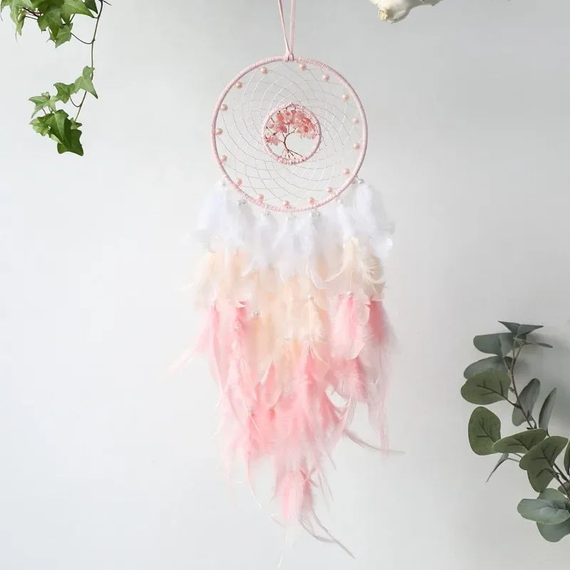 1PC Wind Chime Gravel Dream Catcher Feather Pendant Pink Cute Bedroom Windowsill Creative Home Decoration