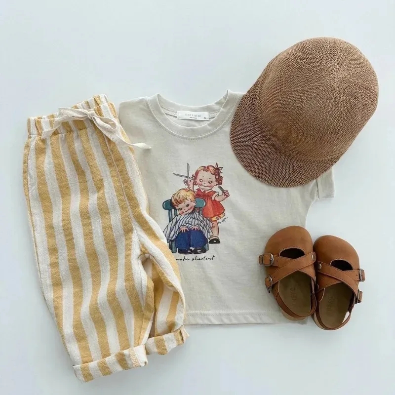 أطفال الصيف السراويل الفتيان الفتيات القطن مرونة الخصر مخطط فضفاض طويل عارضة الرباط السراويل #4