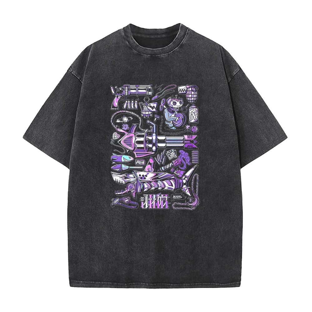 Anime Arcane Jinx Gothic Vintage Graphic Tshirt Men Women Y2K Washed T-shirts Casual Loose Cotton Tee Harajuku Male T Shirt