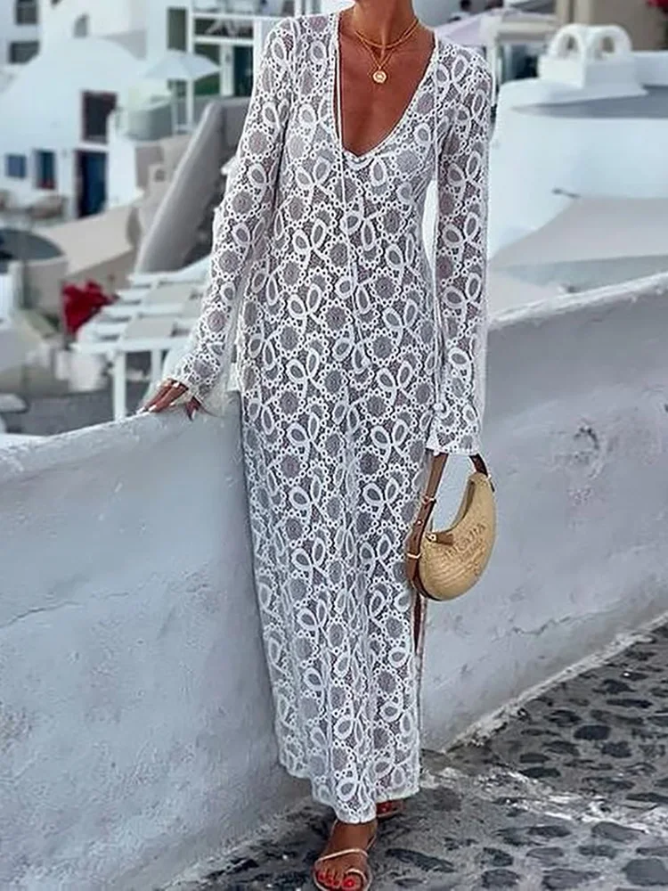 Retro V Neck Patchwork Simple Maxi Dress, Women Summer 2025 Long Sleeve Party Dress, Sexy Chic Lacing Up Ladies Dress Vestidos