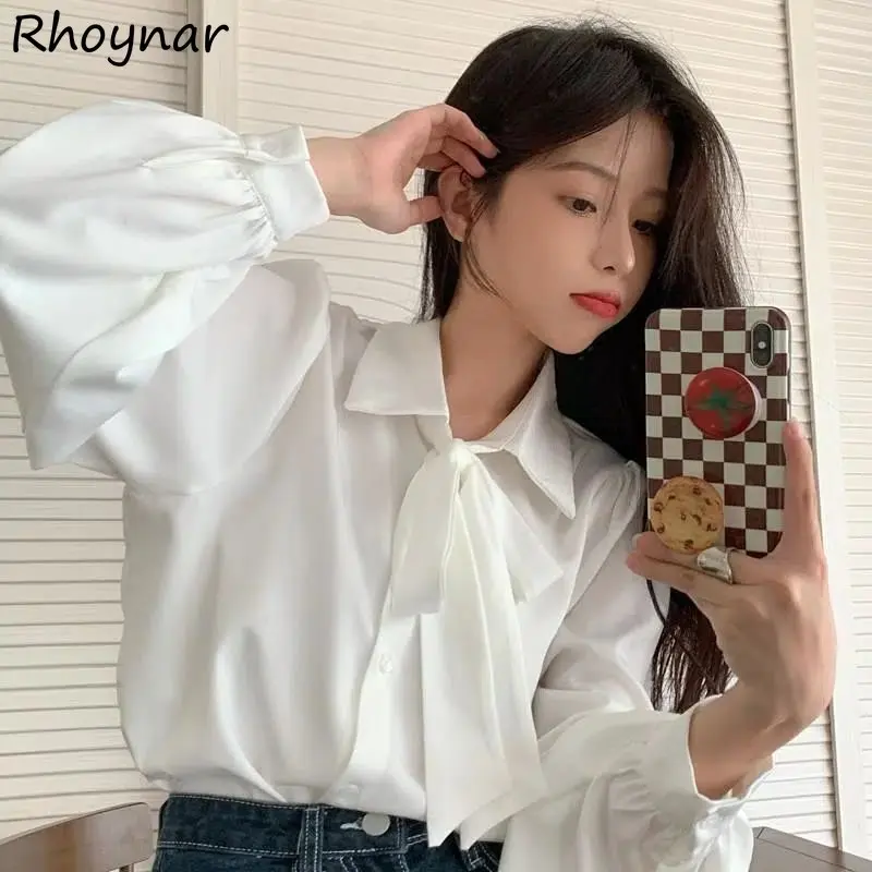 Solid Shirts Women Minimalist Baggy S-3XL Autumn Bandage Lantern Sleeve Korean Fashion Sweet Elegant Designer Camisas White Ins