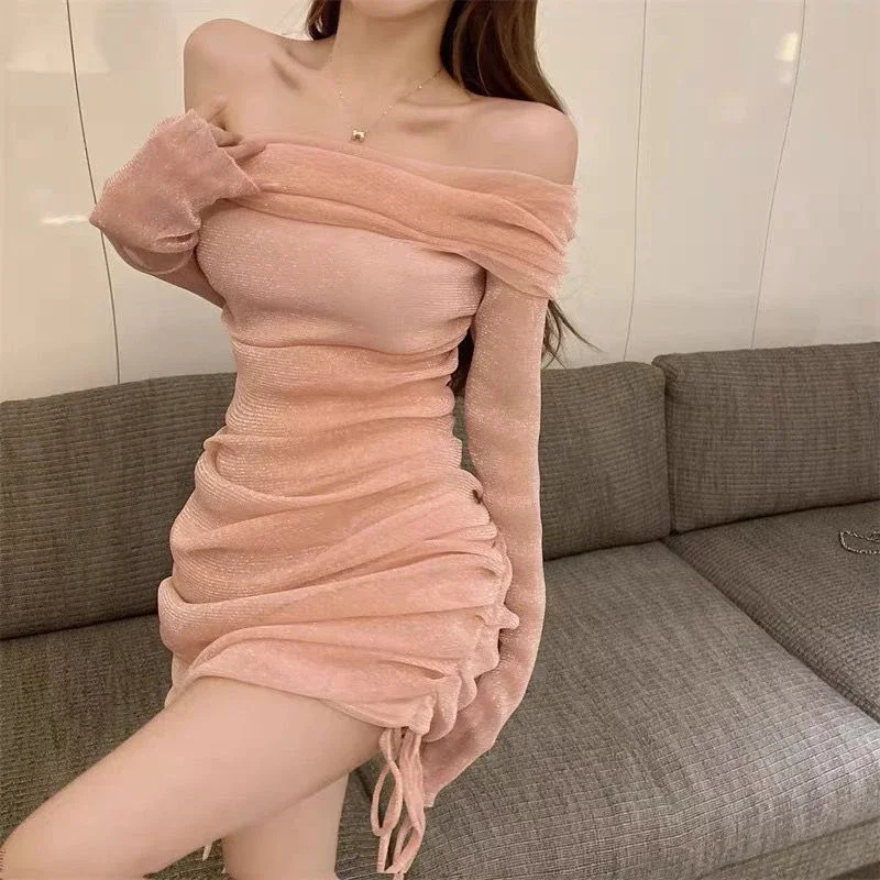 Sexy Strapless Mesh Women Mini Dress Fashion Off-shoulder Pleated Skinny Dress Party Club Slimming Covering Shiny Dress New