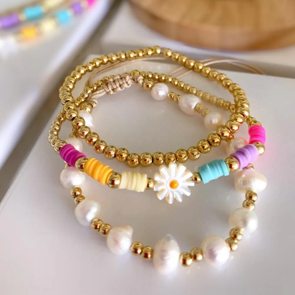 KKBEAD Real Natural Pearls Gold Color Beaded Bracelets for Women Daisy Flower Bracelet Polymer Clay Heishi Pulseras Boho Jewelry