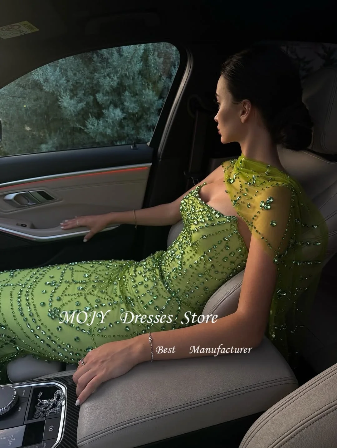 Mojy Green Mermaid Evening Dresses Long Sleeves Pearls Wedding Party Gowns Women Prom Dress Vestidos De Cóctel Customized