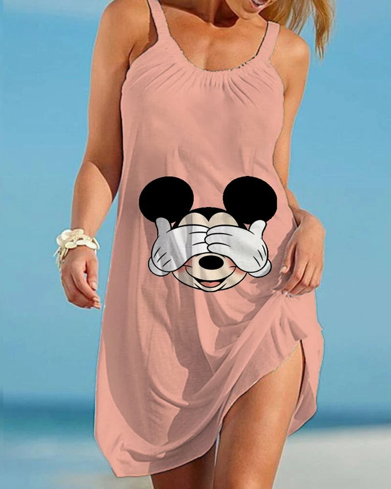 2024 Summer Mickey and Minnie Women Fashion Sling Print Dress Disney Women Sexy Loose Seaside Beach Casual Beach Dress