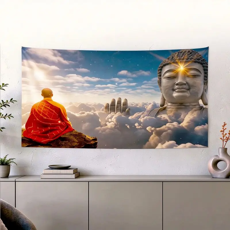 VIKAMA Happy Monk Lotus Pond Decorative Tapestry Wall Art for Girls Room Aesthetic Cute Kawaii Funky Colorful Home Decor