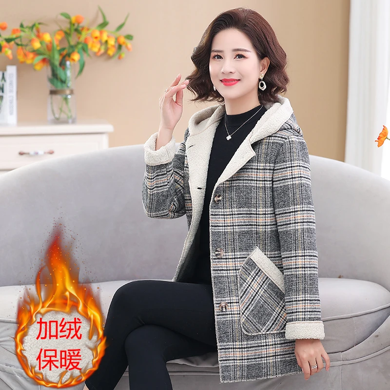 

Female Fleece Plaid Jacket Coat Women's Winter Warm Plush Plus Size Long Outwear Hooded Sweatshirt Ladies Lambswool Overcoat