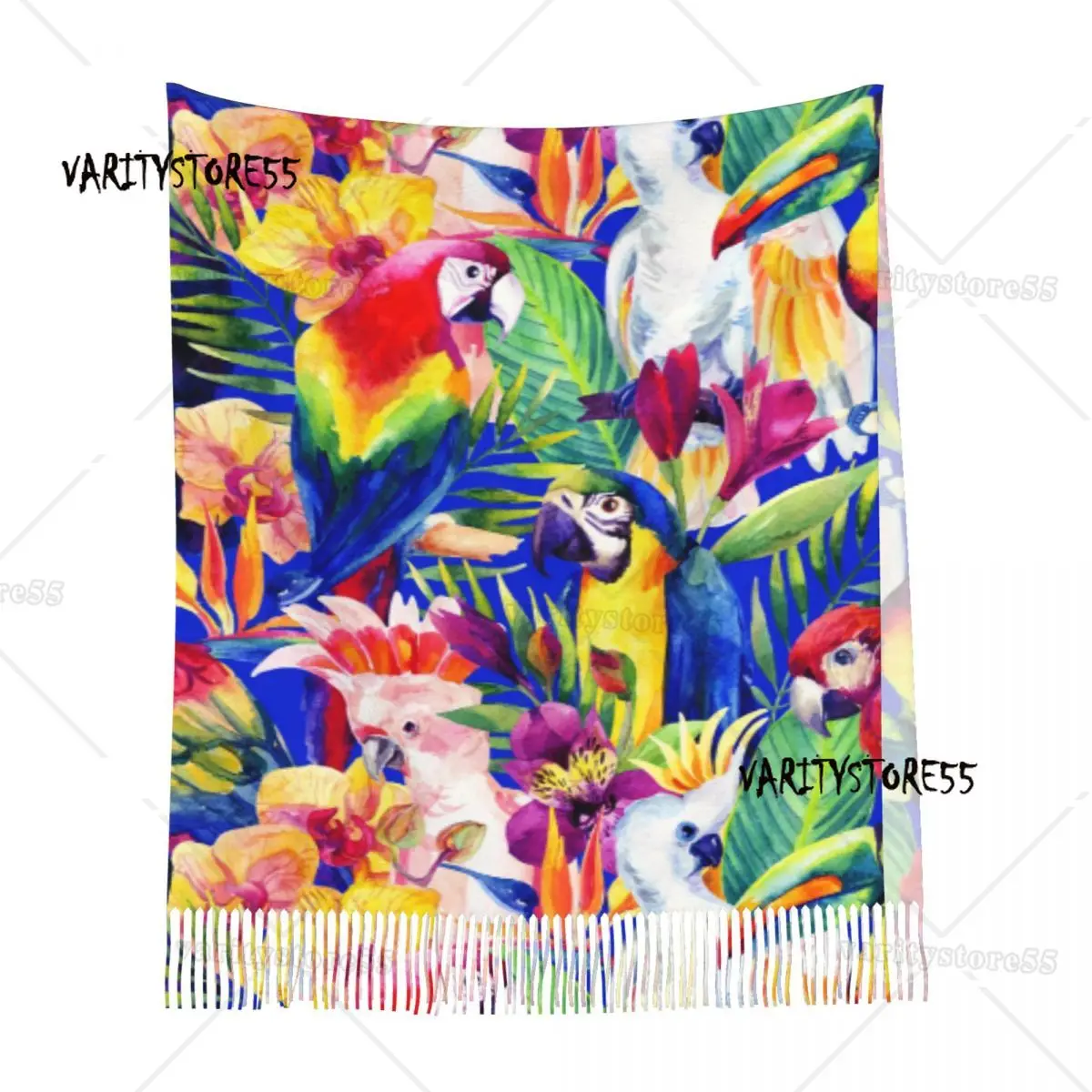 Watercolor Parrots Tropical Flowers Women's Tassel Shawl Scarf Fashion Scarf