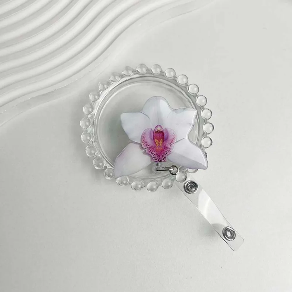 Acrylic Resin Holder Clip Orchid Flower Shape Retractable Design ID Badge Reel Durable Retractable Badge Holder Office Employee
