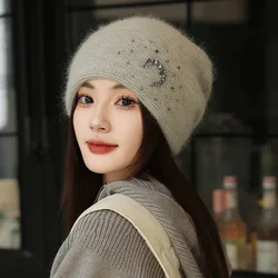 Beanie Women Winter Rhinestone Pearls Hat Angora Knit Cap Warm Soft Skiing Accessory For Autumn Outdoors Sports Cold Weather