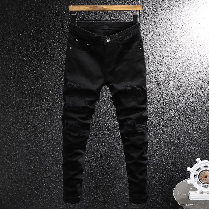 

Уличные дизайнерские модные мужские джинсы Черные эластичные облегающие повседневные рваные джинсы Мужские Y2K с заплатками Винтажные джинсовые брюки-карандаш для отдыха