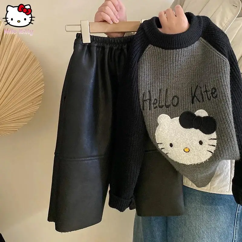 

2025 Kawaii Sanrio Hello Kitty Girls Boys Suit Cartoon Cute Thickened Knitted Sweater Children Winter Velvet Pu Pants Gift Trend