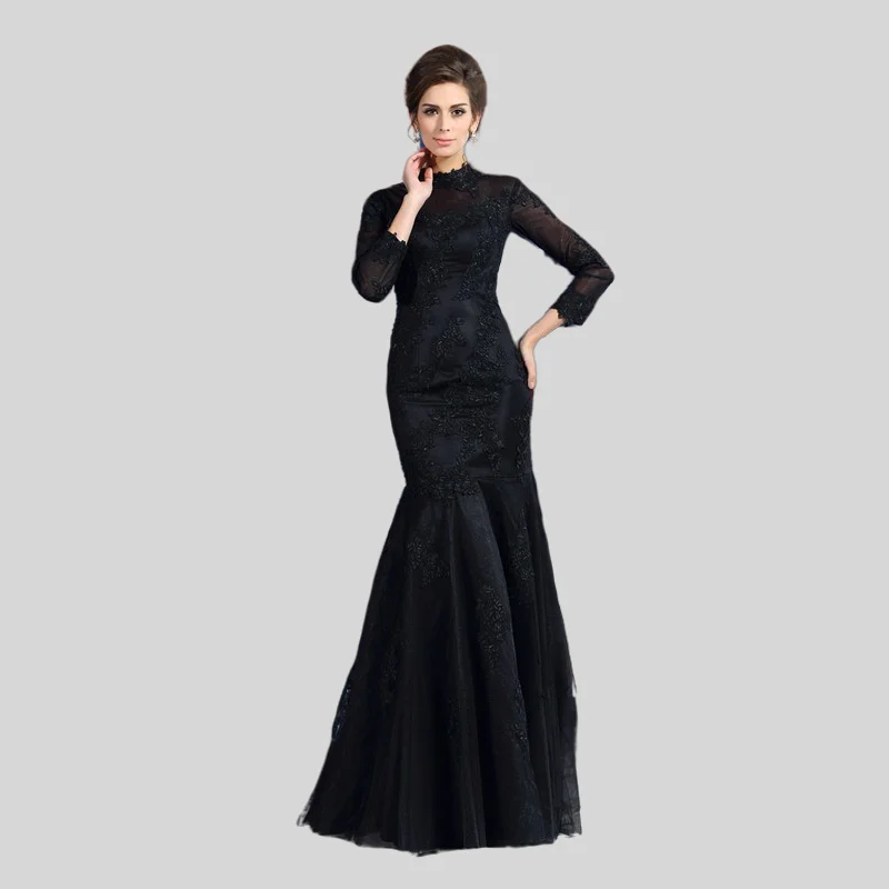 

Black Mother Of The Bride Dresses Mermaid 3/4 Sleeves Tulle Appliques Plus Size Long Groom Mother Dresses For Wedding