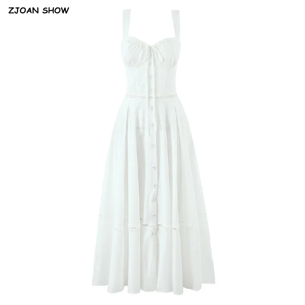

2025 Holiday White Spliced Hollow Out Lace Low Waist Sling Dress Cross Lacing Up Back Swing Hem Slit Tank Long Dresses Robe
