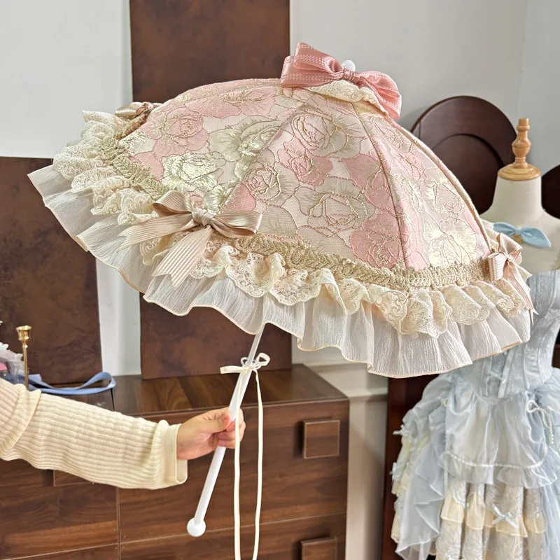 Vintage Shimmer Fabric Lace Lolita Parasol Elegant Bridal Prop Party Wedding Decorative Umbrella Shoot Cosplay Costume Accessory