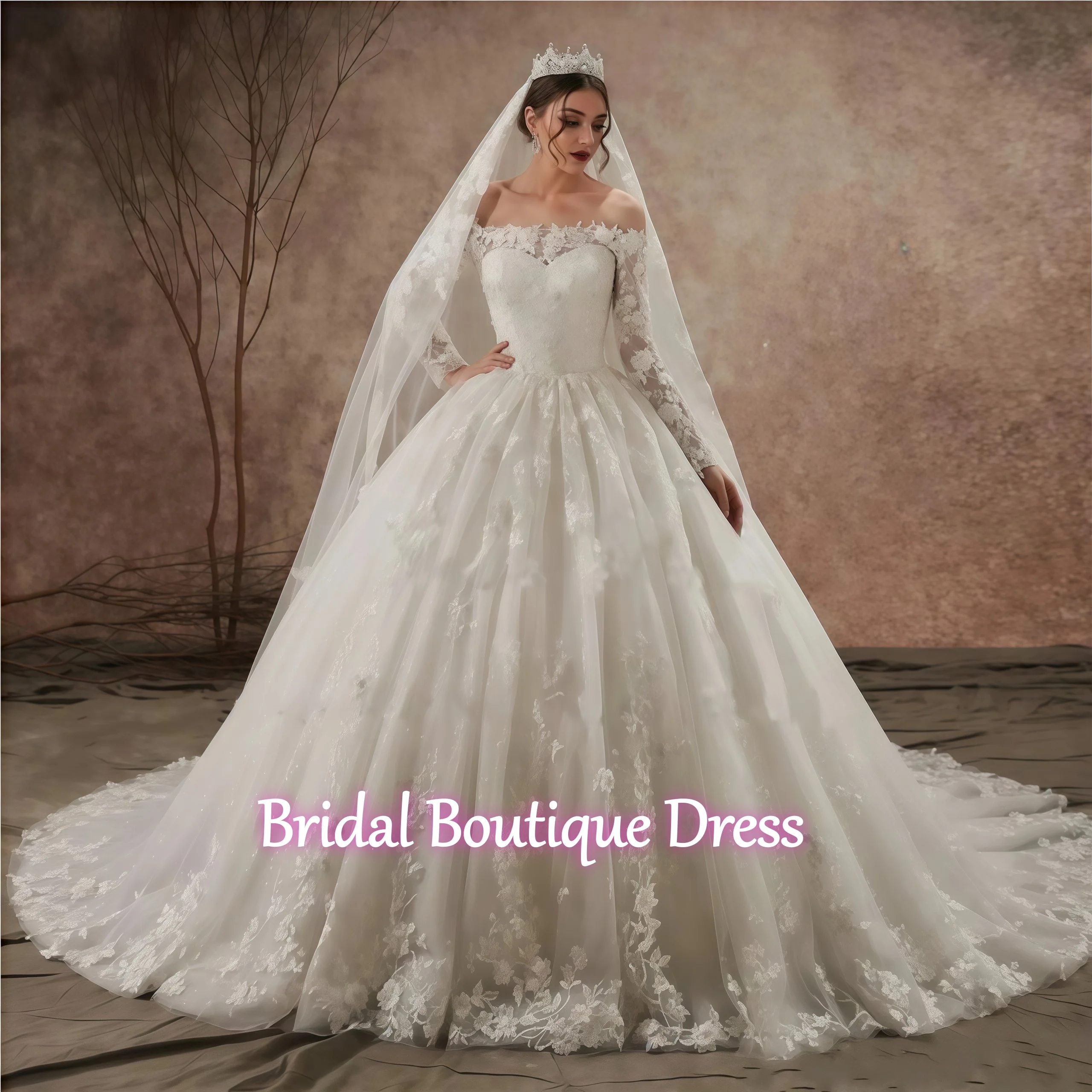 

Customized Shiny Lace Puffy Wedding Dress Off Shoulder Long Sleeves Applique Lace-up Sequins Bridal Gowns Vestidos De Noiva