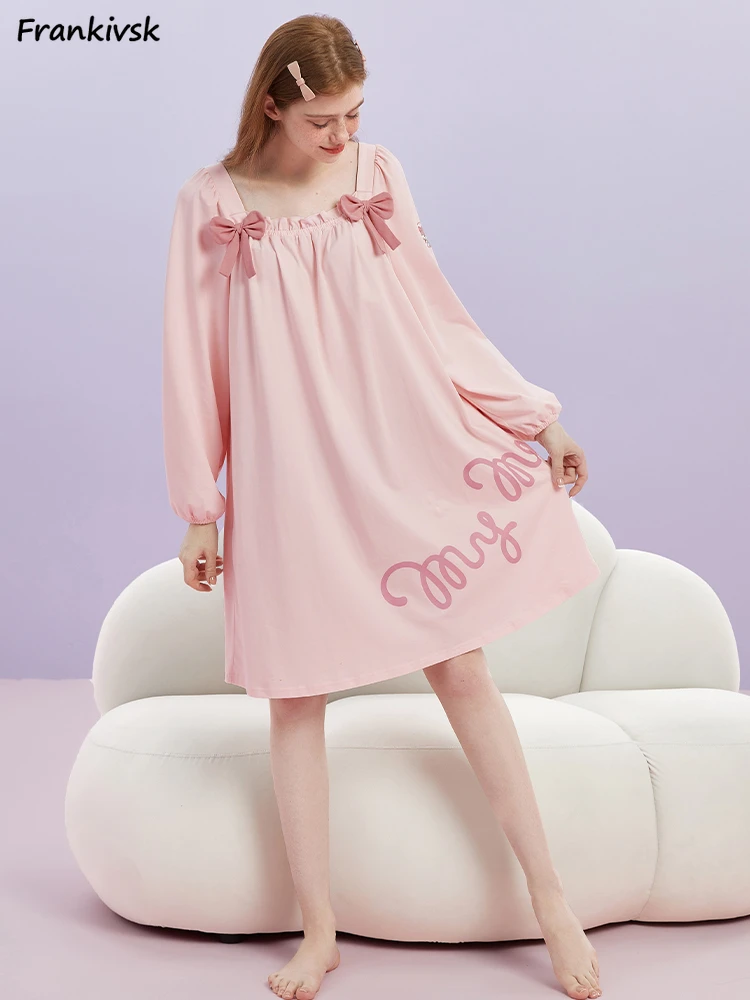 Nightgowns Women Hotsweet Bow-design Chic Loose Cozy Simple Long Sleeve All-match Aesthetic Popular Leisure Knee-length Summer