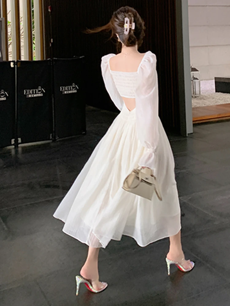 Women Elegant White Midi Dresses Summer Autumn New Backless Holiday Party Prom Long Sleeve Vestidos Korean Female Robe