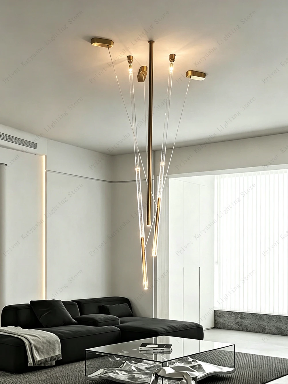 Modern Industrial Bronze Tube Pendant Light Home Decor High Ceiling Villa Duplex Exhibition Hanging Lamp for Ceiling