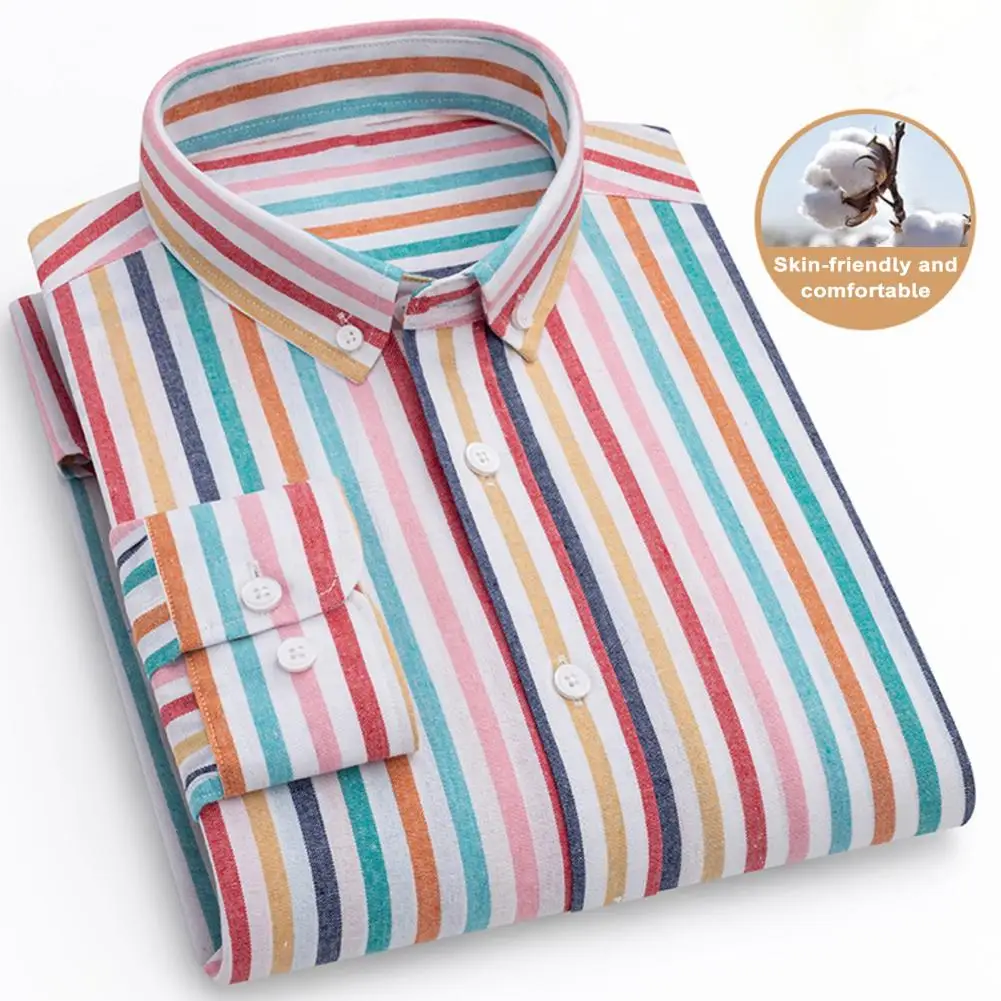 Men Business Top Single-gbreasted Men Shirt Stylish Men's Striped Print Business Shirt Contrasting Colors Long for Office