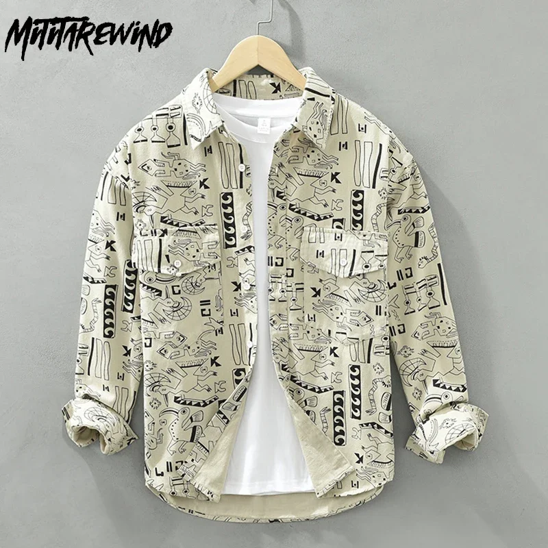 

Японская рубашка-карго с длинным рукавом, мужская уличная одежда, весна-осень, повседневная рубашка из чистого хлопка, рубашка с принтом, двойные карманы, модные топы