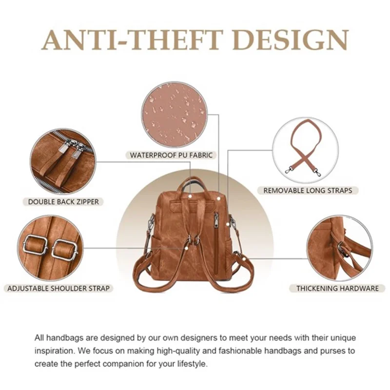 여성용 배낭 지갑, 방수 PU 가죽 백팩 핸드백, 여성용 캐주얼 숄더백 다크 브라운