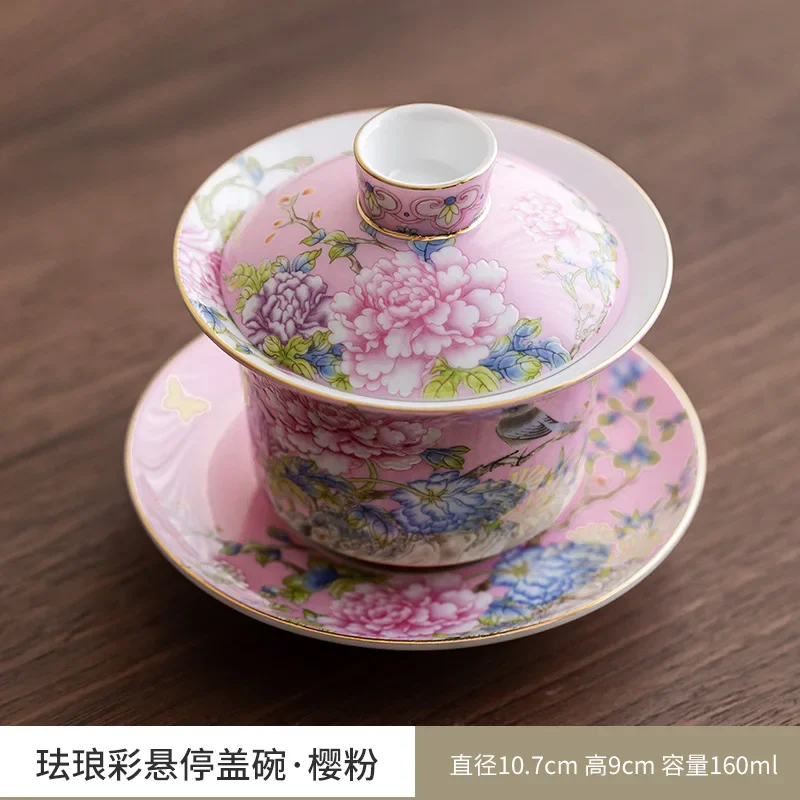 Chinese Court Enamel Color Cover Bowl Peony Flower Sancai Tea Bowl Bird Language Flower Fragrance Cover Cup Kung Fu Tea Set Gift