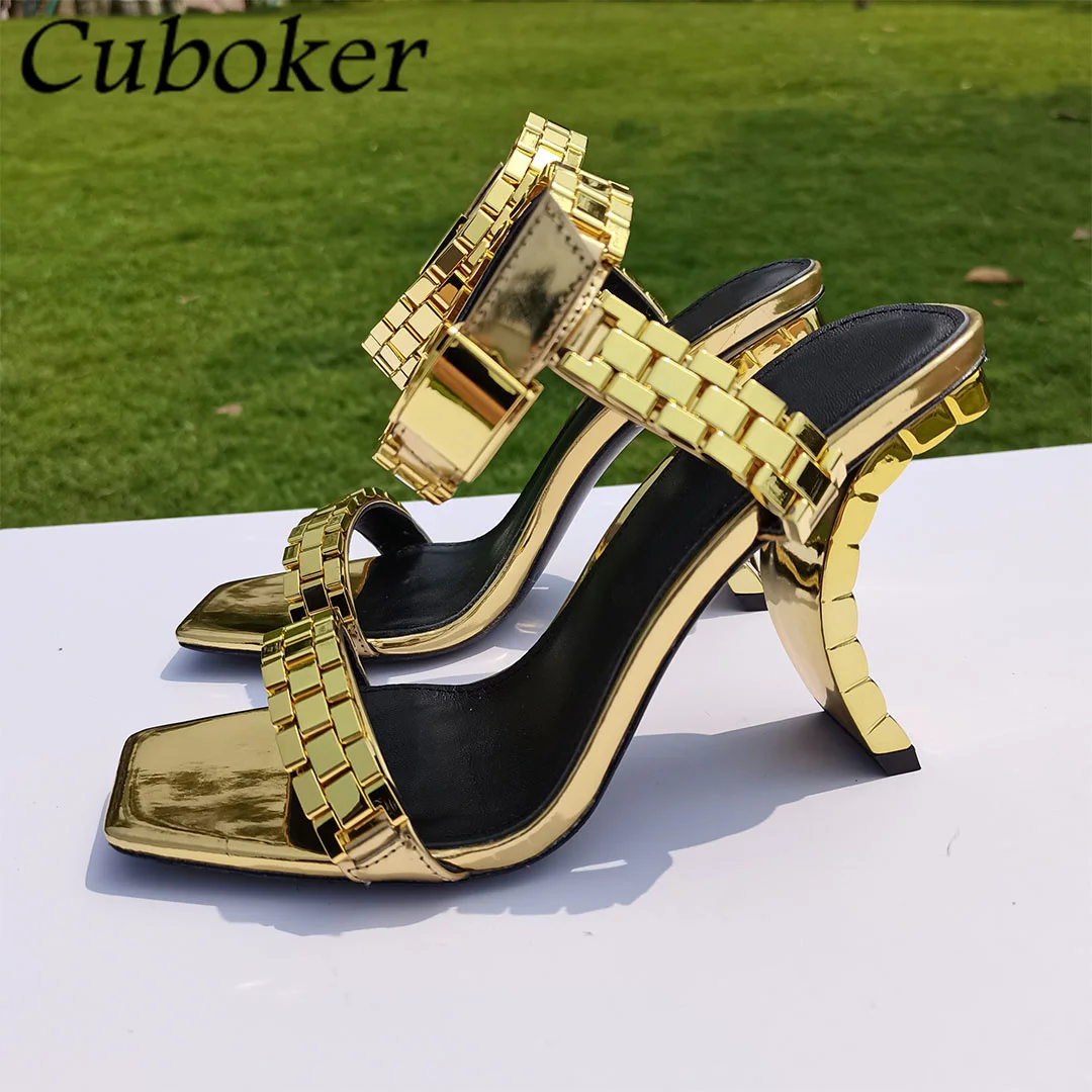 

2022 New Luxury Brand Metal Women Summer High Heel Sandals Square Toe Ankle Strap Kitten Heel Party Shoes Pumps For Women mujer