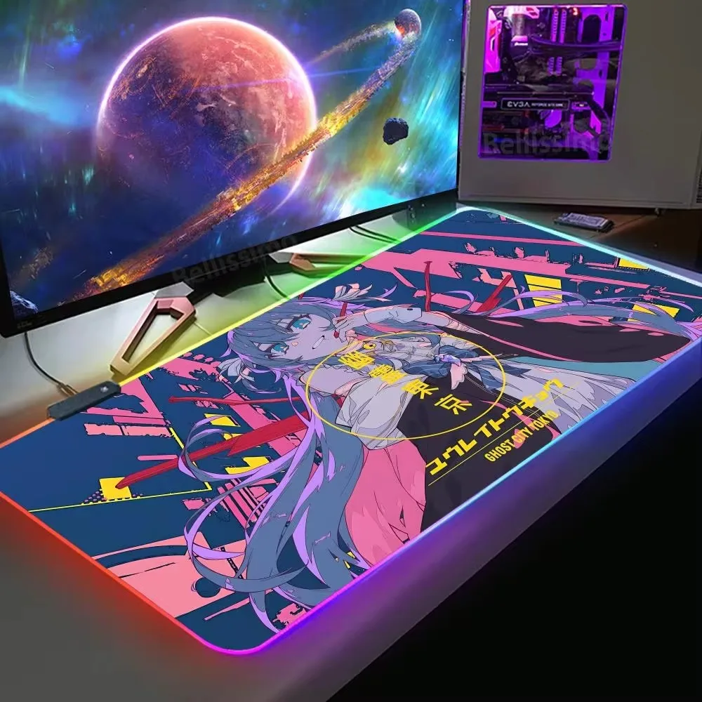 XXL Office Computer Lock Edge Desk Mat Anime Ghost Girl RGB Luminous Mouse Pad Desk Keyboard Large Pink Black Mat Girls Bedroom