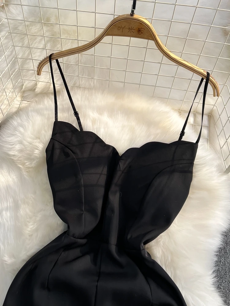 Women Elegant Black Playsuits Summer Sexy V-neck High Waisted Jumpsuit Female Loose Flared Wide Leg Long Pants Romper