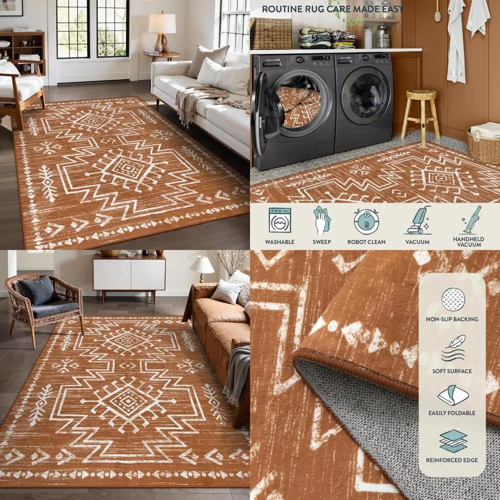 

Коврики Lahome 5x7 в стиле бохо для гостиной, моющийся коврик для спальни в западном стиле, мягкий обожженный оранжевый ковер с низким ворсом, устойчивый к пятнам диван