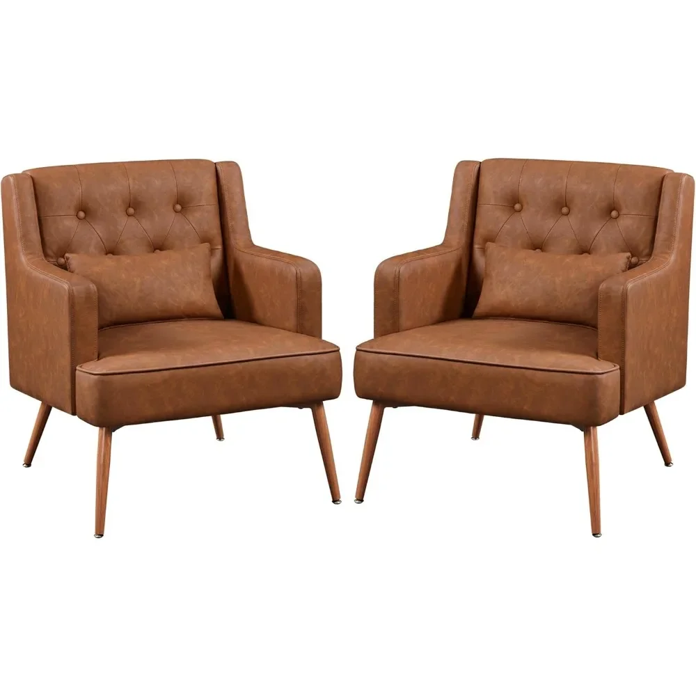 

Accent Chair, Living Room Chair Mid Century PU Leather Armchair Lumbar Pillow, Comfy Upholstered Reading Chair Wood Leg Bedroom