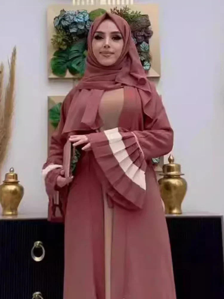 Women Abaya Robe Temperament Elegant Middle East Patchwork Pleated Cuffs Clashing Skirt with Belt Elegant Female Cardigan Robes