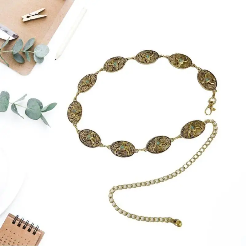 P9FE سلسلة متقنة سلسلة البطن لفستان حزام على شكل سلسلة للنساء الخصر حزام على شكل سلسلة المنحوتات الخصر سلسلة حزام طويل القرون