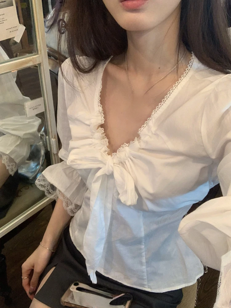 

Y2k White Blouse for Women Bandage Tunic Shirts Blusas Mujer De Moda Fashion Folds V-neck Flare Sleeve Autumn Blouses Tops