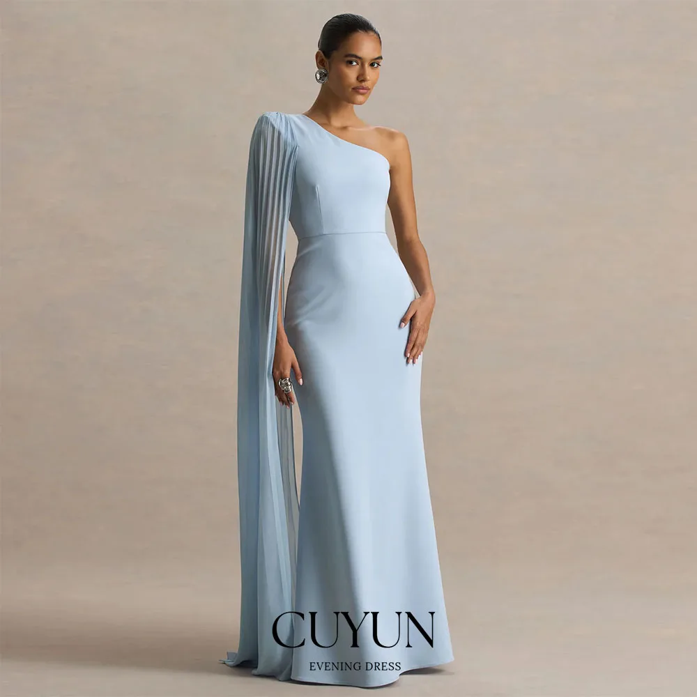 

CUYUN Customized Blue One Shoulder Cape Sleeves Evening Gown Floor-Length Elegant Formal Banquet Party Gown Women 2026