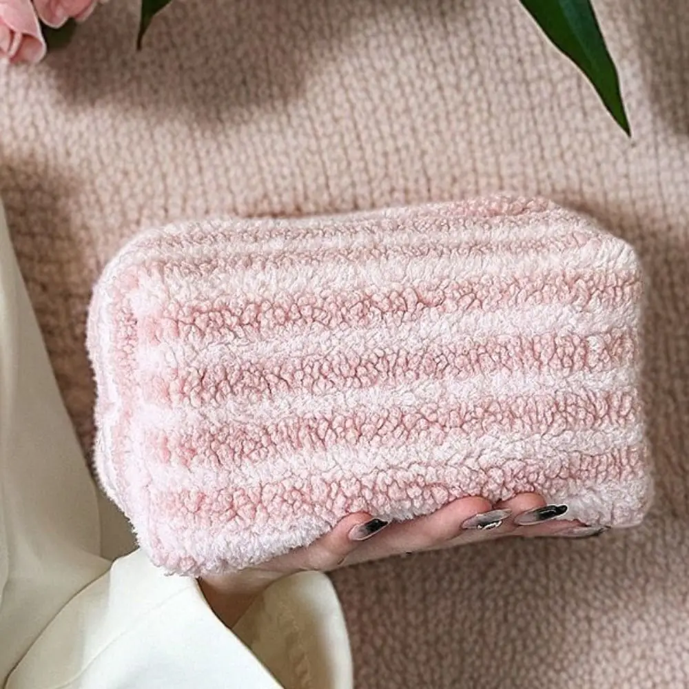 Bolsa de maquillaje de felpa de Material suave, estilo de embrague, organizador portátil de diseño bonito, estuche de lápices a rayas, colección de cosméticos