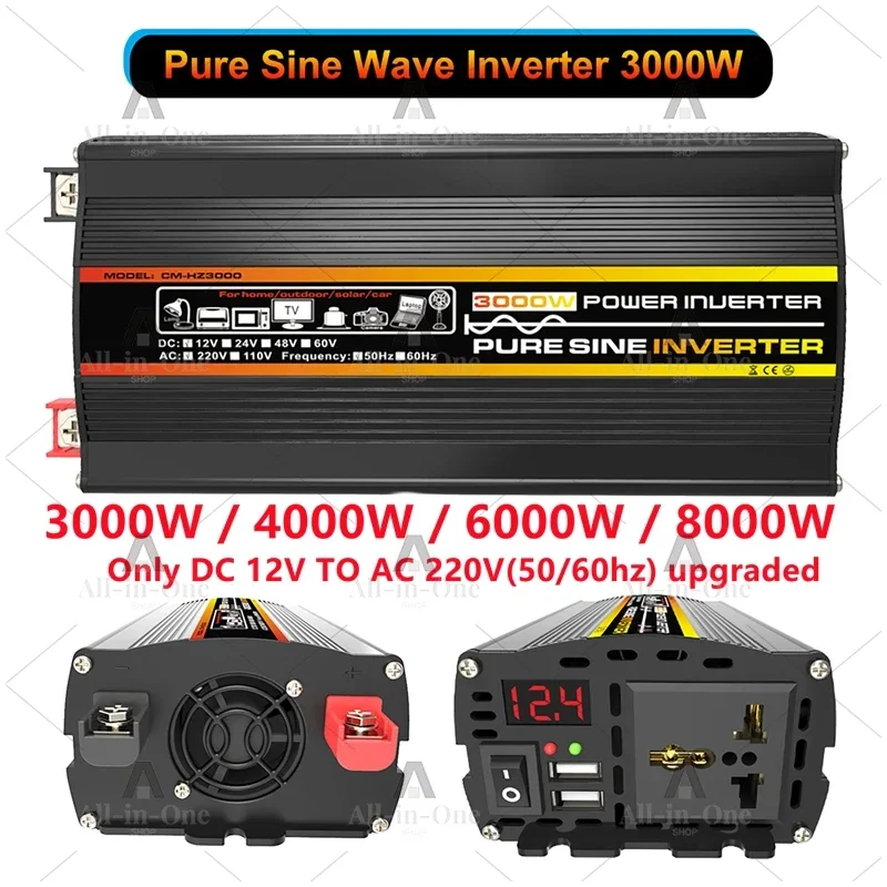 Intelligent 10000W Pure Sine Wave Inverter 12V/24V to 220V,  Voltage Detection with LCD Display, Heavy Duty for RV Truck Home