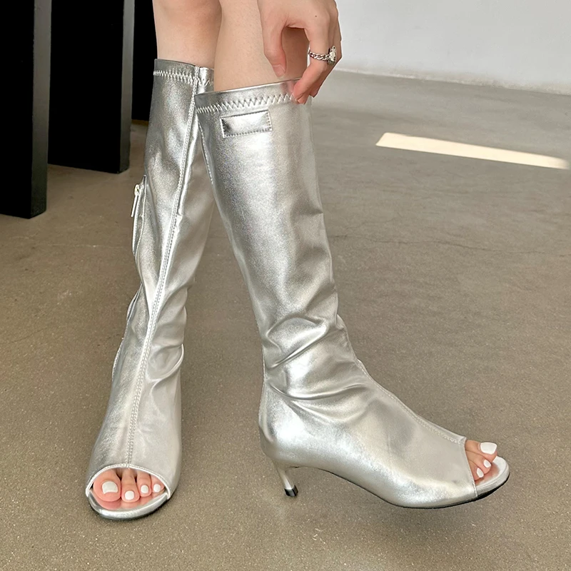 Female Shoes Fashion Stretch Boots Silvery Peep Toe High Heels 2023 Women Pumps Party New In Casual Outside Ladies Sandals Boots