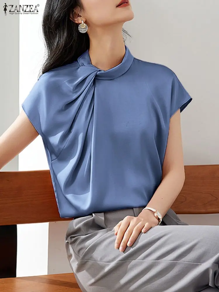 

ZANZEA Элегантная женская рабочая блузка OL Летняя атласная рубашка со стойкой и короткими рукавами Топы Стильные офисные блузки Повседневные однотонные блузки