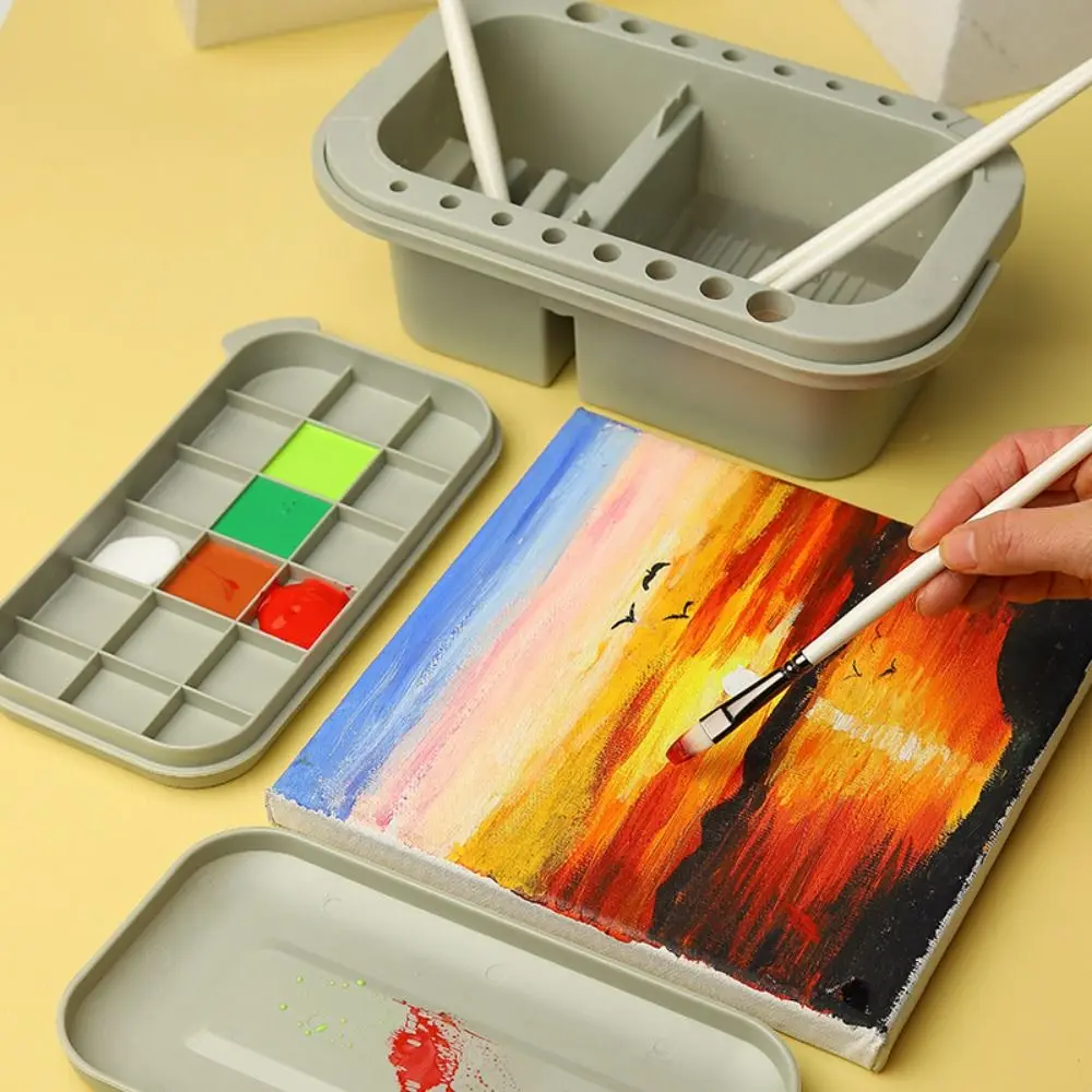 Handled Brush Washing Bucket Lidded All-in-One Paint Brush Basin Pen Holder Palette Trays Artist Cleaner Box Watercolor